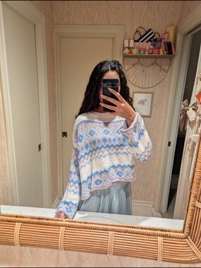 Francesca's Collections Cream Sweater with Blue and Pink Fair Isle